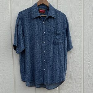 Wrangler Hero Men's Size L Denim Blue Color Patterned Shirt 100% Silk Button Up